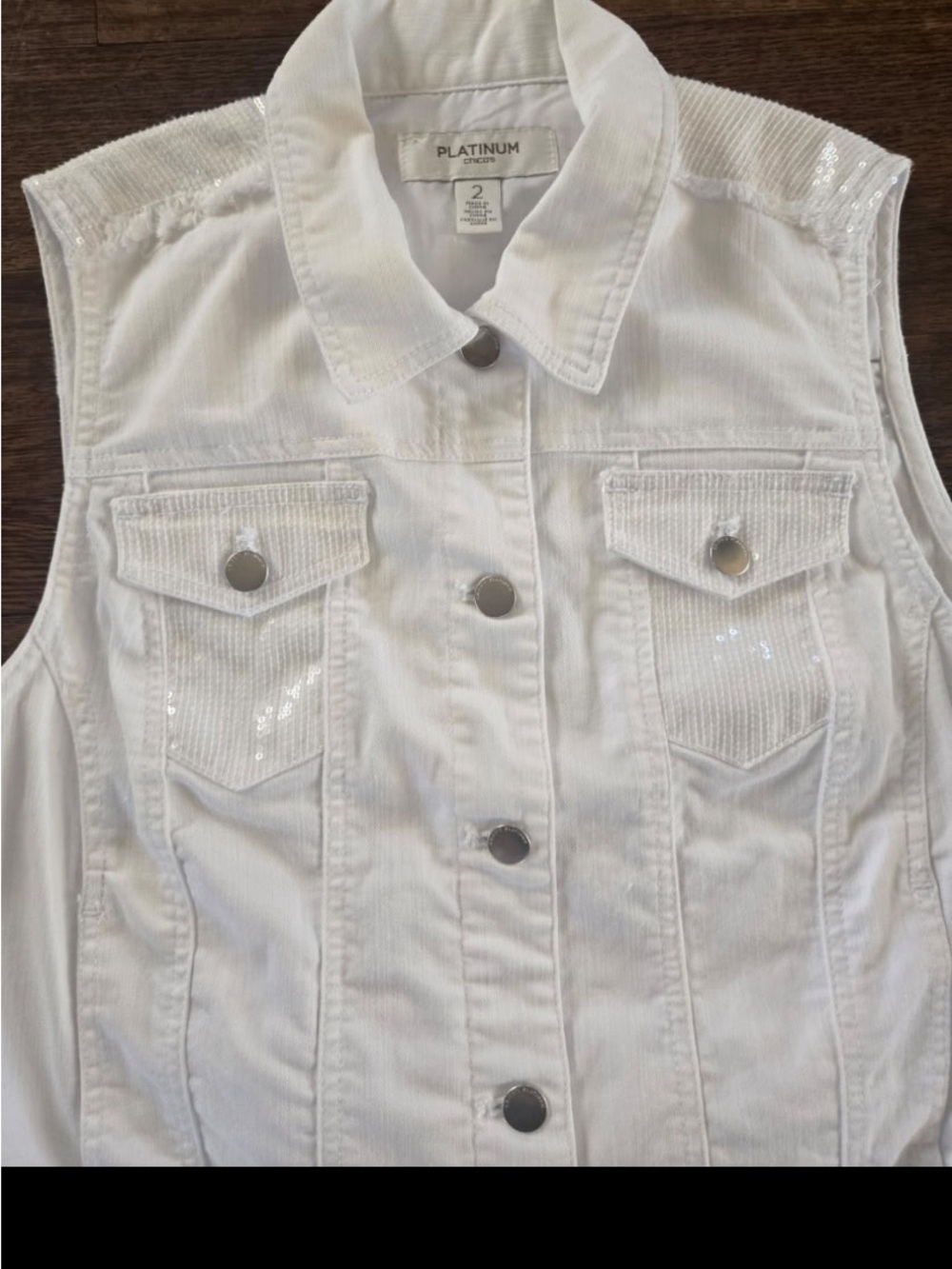 Chico's White Sequin-Trim Sleeveless Jacket